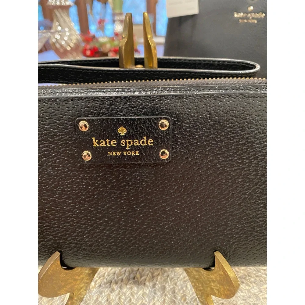 Kate Spade New York Black Pebbled Leather Zip Around Wallet Wristlet